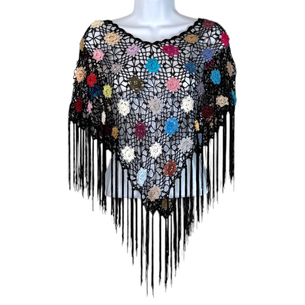 Black Beaded Crochet Poncho One Size Floral Fringe Boho Festival Artsy Whimsical